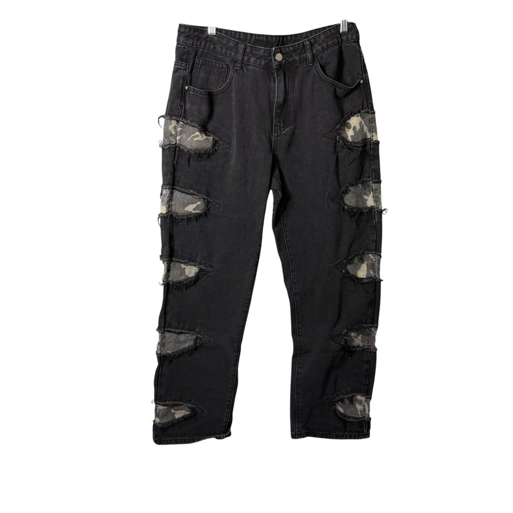 SHEIN Mens Black Distressed Camo Inset Straight Leg Jeans Size Medium 34 x 29.5